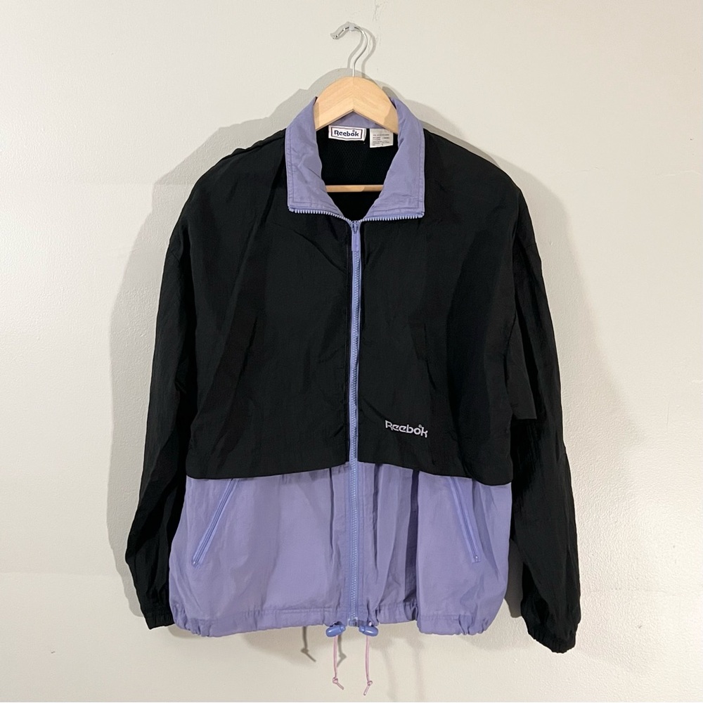 Vintage 90s Reebok Black Purple Windbreaker Sporty Athletic Zip-Up Jacket Large